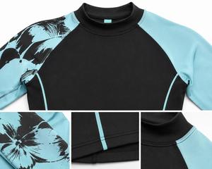 เสื้อแรชการ์ดแขนยาวสำหรับผู้หญิง ขายส่ง สีดำพิมพ์ลายดอกไม้สีเขียวอมฟ้า ป้องกันรังสียูวี ผลิตจากผ้าสแปนเด็กซ์และโพลีเอสเตอร์ เสื้อว่ายน้ำ MOQ ต่ำ - Product Image 4