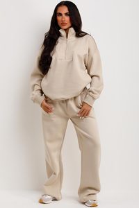Matching Half-Zip Wide-Leg Tracksuit Latest Custom Logo 2 Piece Women Half Zip Sweatshirt & <b>Joggers</b> Tracksuit Set Full Length - Product Image 6