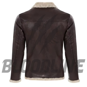 Chaqueta de Cuero Genuino Negra para Hombre, Corte Ajustado, Estilo Motero, Cierre de Cremallera, Cuello Alto, Forro de Piel Sintética, Ropa de Invierno - Product Image 2