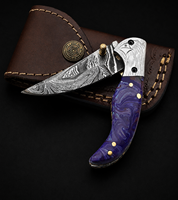Cuchillo Plegable de Acero de Damasco Personalizado, Hoja con Punta Caída, Mango Azul, Cuchillo de Caza con Funda de Cuero