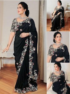 Sari Tradicional Gujarati de Georgette de NiMa Creations, Negro con Bordado Floral en el Borde, Corte Regular para Mujer, Ideal para Bodas, Fiestas y Graduaciones - Product Image 6