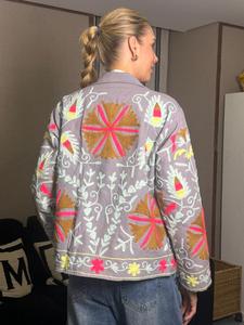 Boho Chic Suzani Floral Embroidery 100% Cotton Autumn <b>Winter</b> <b>Quilted</b> Canvas Handmade Button Finished Eco-Friendly Regular Jacket - Product Image 3
