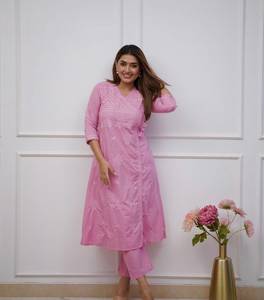 Women's Pink Cotton <b>Chikankari</b> Embroidery A-Line Kurti with Pant Regular Fit Knee Length Casual Wear <b>Suit</b> Set - Product Image 1