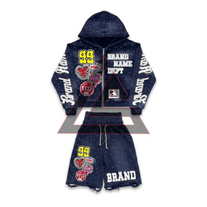 Custom Manufactured Heavyweight Short <b>Set</b> Baggy Double Waist Shorts Embroidery Dirty Washing Sweat Short and Hoodie <b>Set</b> for Men - Product Image 6