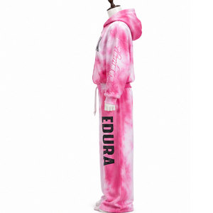 Custom Vintage High-Street Rhinestone Tracksuit Tie <b>Dye</b> <b>Spray</b> Wash Print Acid Wash Double Waistband Sweatpants Sweatsuit Set - Product Image 3