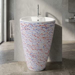 Lavabo de salle de bain autoportant rond en céramique de granit couleur chocolat clair sur piédestal pour usage commercial - Product Image 2