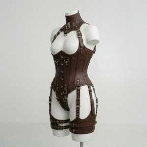Ensemble de Lingerie Gothique Punk Sexy en Cuir Premium avec Corset à Lacets, Soutien-Gorge Cage, Collier Ras du Cou et Sangles de Cuisses – Grande Taille - Product Image 3