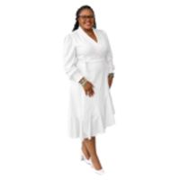 Robe portefeuille élégante pour femme, blanche unie, lavable, en mélange de crêpe polyester/spandex, à manches longues, col en V, longueur midi, style naturel et décontracté