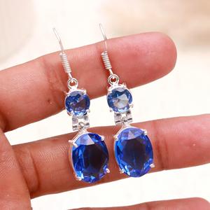 Natural Tanzanite Quartz 925 Sterling <b>Silver</b> Drop <b>Earrings</b>, Oval Faceted Blue Gemstone <b>Dangle</b> <b>Earrings</b>, Handmade Fine Jewelry - Product Image 2