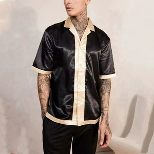 Private Custom Cool Fashion Short Sleeve <b>Shirt</b> Custom Men <b>Black</b> Satin Silk High Quality Shiny Button <b>Shirt</b> - Product Image 6