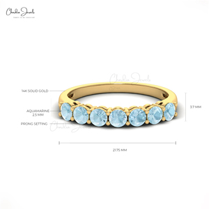 Nouvelle bague demi-éternité en aigue-marine naturelle de 3 mm à coupe ronde, en or jaune fin 14 carats, pour mariage et anniversaire - Product Image 2