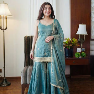 Sleeveless Slim Fit Sharara Suit Premium Chanderi Silk Short <b>Kurti</b> Gota Patti Work Modern Indian Wedding Party Outfit - Product Image 1