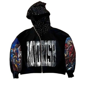 Sweat à capuche avec strass 100% coton Streetwear Full Zip up Vintage Hoodie Zipper Screen Printing Hoodie 500gsm French Terry - Product Image 2