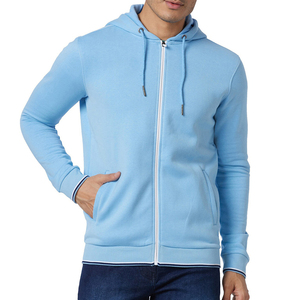 High Quality Men's <b>Light</b> Blue Hooded Zip-<b>Up</b> Sweatshirt Regular Fit Casual Knitted Cotton Solid Color - Product Image 4