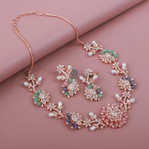 Twinkle Fusion Designer Gold-Plated Bridal Necklace and Earring Set with Zirconia - Product Image 1