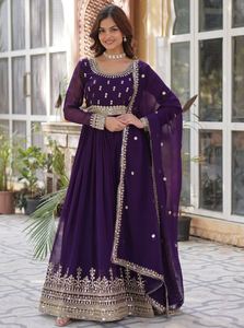 ชุดสูทผ้าฝ้ายแบบ Anarkali ดีไซน์หรูหรา พร้อมผ้าคลุมไหล่ Georgette ปักลายลูกไม้ งานฝีมือประณีต  แฟชั่นงานแต่งงานมาแรง พร้อมส่ง 76795 - Product Image 5