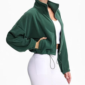 Women's Winter Hooded Full-Zip Fleece Cropped <b>Jacket</b> Adjustable Hem Streetwear Style 100% Cotton Windproof & Breathable - Product Image 3
