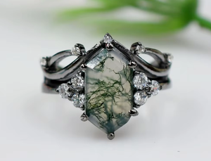 Moss Agate Long Hexagon Cubic Zirconia <b>Ring</b> 925 Sterling <b>Silver</b> Vintage Engagement <b>Statement</b> <b>Ring</b> for Women - Product Image 5