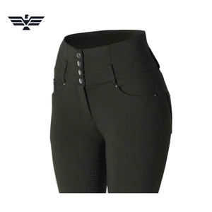 Equiline <b>Women</b> High Waist Full Length Riding Pants with Zipper <b>Fly</b> and Pockets Solid Black Spandex Nylon Material 300g - Product Image 2
