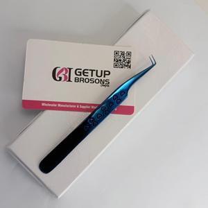 Pince à épiler pour cils GETUP BROSONS IMPEX durable 10 mm en acier inoxydable, pointe de précision lisse à 90 degrés, plaqué plasma bleu, motif cœur - Product Image 1