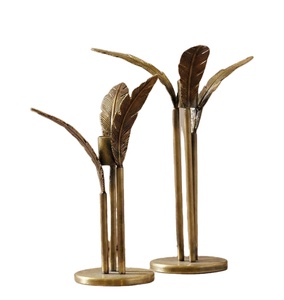 Elegant Antique Iron Brass Finish Handmade Feather <b>Taper</b> <b>Candle</b> Holder Stand Set 2 Modern Metal Leaf Design Christmas Home Decor - Product Image 1