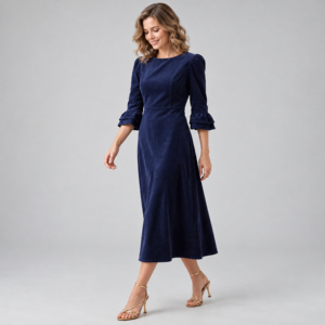 Vestido midi azul marino con corte en A y mangas con volantes de tres cuartos para mujer - Product Image 2