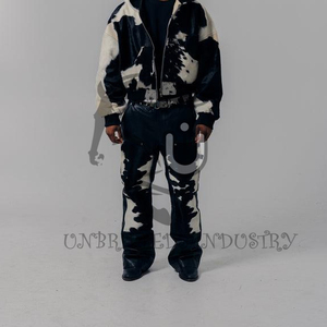 Pantalon d'hiver pour homme en cuir de vache véritable à double genouillère, style hip-hop, noir et blanc, coupe-vent et respirant - Product Image 3