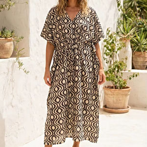 ชุดเดรสผ้าฝ้ายลายดอกสีเบจทรงคาฟตัน เอวผูกเชือก สไตล์โบโฮ สำหรับฤดูร้อน - Product Image 1