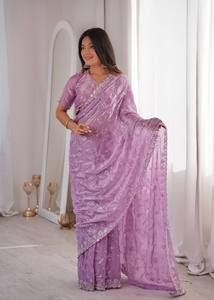 Sari en soie de créateur, design moderne et élégant, broderie de qualité supérieure, disponible en stock à prix avantageux. - Product Image 4