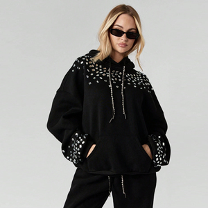Black Sequined Bomber <b>Jacket</b> 100% Cotton Anti-Pilling Zipper Closure Loose Fit Winter Unisex with <b>Rhinestone</b> Embellishment - Product Image 4
