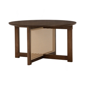 Modern Round Rattan Coffee <b>Table</b> with Cane Inlay Dark <b>Walnut</b> Wood Center <b>Table</b> Home Decor Living Room Accent Furniture - Product Image 1