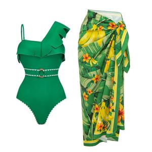 Ensemble de maillot de bain vert asymétrique 2 pièces pour femme, avec jupe florale et volants, en tissu extensible, collection 2026 - Product Image 4