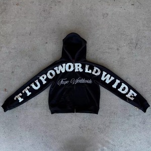 Sweat à capuche zippé en coton premium 450 GSM noir, brodé et vieilli, effet délavé à l'acide, style streetwear personnalisé - Product Image 2