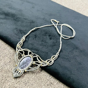 Collar de Macramé Hecho a Mano con Colgante de Perla Azul Moteada, Corte Esmeralda, Mariposa, Cordón Gris Ajustable, Joyería Curativa HARI OM - Product Image 4