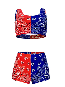Conjunto Deportivo de Punto para Mujer, Top Corto con Estampado Paisley Rojo y Azul, Pantalones Cortos por Encima de la Rodilla, Ropa Deportiva Transpirable para Yoga - Product Image 2