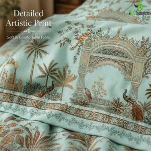 Ensemble de draps en coton vert marine pour lit king size avec taies d'oreiller | Couvre-lit imprimé Peacock Garden Arch Panel, literie douce et de qualité supérieure - Product Image 3