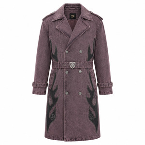 Chaqueta Larga de Mezclilla Color Malva Oscuro de 12oz para Hombre, con Cinturón de Pedrería, Doble Botonadura, Personalizada - Product Image 2