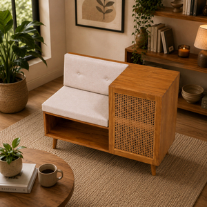 Banco de Almacenamiento Calista de Ratán y Madera de Teca Sólida de Primera Calidad, Estilo Japandi Moderno, con Asiento Tapizado para Hotel o Villa - Product Image 6