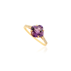 Bague empilable personnalisée en or jaune 14 carats avec améthyste et diamant en forme de trèfle à quatre feuilles, bijou pierre de naissance de février, nouvelle création de designer - Product Image 3