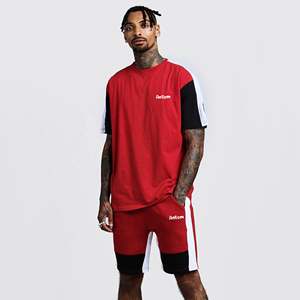 Sports Suit <b>Mens</b> <b>Summer</b> New Set Of Short-sleeved T-shirt Shorts Loose Round Neck Stitching Two-piece Suit - Product Image 5