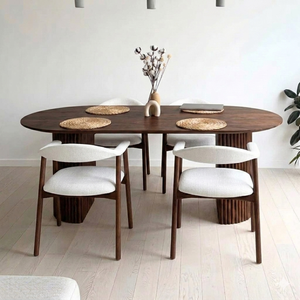 Modern Solid Teak Wood <b>Round</b> <b>Dining</b> <b>Table</b> <b>Set</b> with Upholstered Chairs Luxury <b>Dining</b> Room Furniture Indonesia Manufacturer - Product Image 1