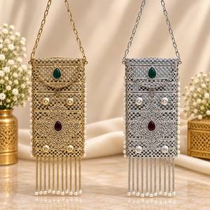 Designer Gold and <b>Silver</b> Tone Classic Cute Minaudiere Bag with Chain Strap and Beaded Fringe Evening Bag - Product Image 3