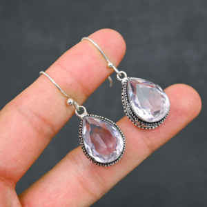 Boucles d'oreilles personnalisées en Kunzite rose créée en laboratoire, en argent sterling 925, 1,9 pouce, faites à la main, bijoux en pierres précieuses, boucles d'oreilles fines de style antique, cadeau pour - Product Image 4