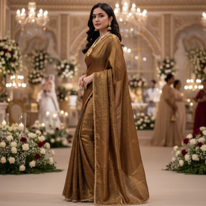 Sari de seda dorada pre-cosido, listo para usar en un minuto, con blusa cosida. | Vestidos Elegantes para Fiestas y Bodas para Mujer - Product Image 2