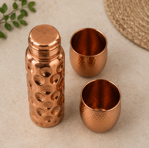 Royal Wave Dimple Copper Bottle With Hammered Glasses Portable Travel Drinkware Traditional Design - Product Image 5