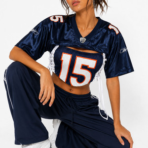 Maillot de football américain court à lacets pour femme, personnalisable avec numéro en maille, style streetwear, haut de sport, production OEM sur mesure - Product Image 3