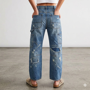 Jean cargo en denim personnalisé avec logo, multi-poches, streetwear, coupe ample, jambe large, vintage, délavé, effet usé, droit, tendance - Product Image 3