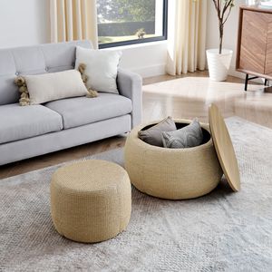 2-in-1 Round Storage Ottoman Woven Rattan Fabric with Small <b>Seat</b> Work & End Table Nature-Inspired 25"x2" <b>Stool</b> & Ottoman - Product Image 4