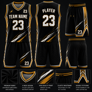Conjunto de Uniforme de Baloncesto Personalizado Sublimado, Transpirable, de Malla, Negro y Dorado, con Nombre del Equipo 23, Absorbe la Humedad, Unisex, para Adultos - Product Image 2