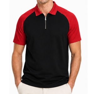 Elegante Polo de Hombre con Bloques de Color, Cierre de Cremallera de Cuarto, Contraste Rojo y Negro, Manga Raglán, Camiseta Polo Ajustada con Cuello de Cremallera - Product Image 1